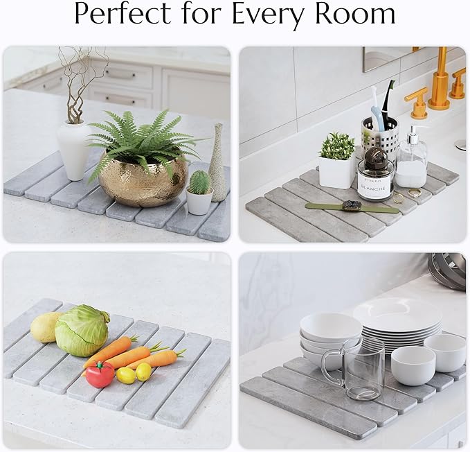 Stone Drying Mat for Kitchen Counter - Collapsible Diatomaceous Earth Dish Drying Stone - Fast Absorbent Stone Dish Drying Mat for Dishes and Pots (Gray)