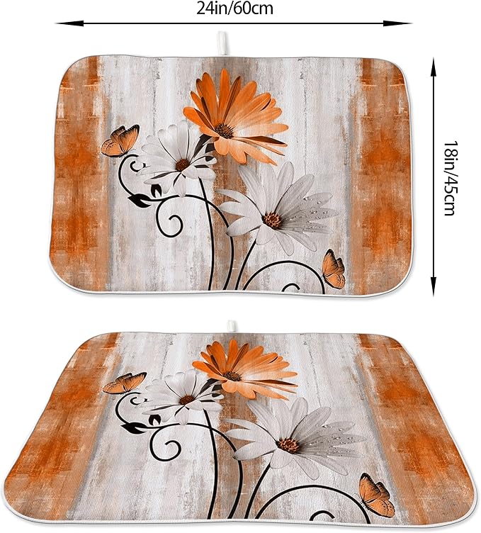Floral Dish Drying Mat 18x24 Inches For Kitchen Counter Orange Daisy Flower Kitchen Decoration Drying Mat Modern Decorative Drying Pad For Home Kitchen Decor,Dining Room,Office Decor