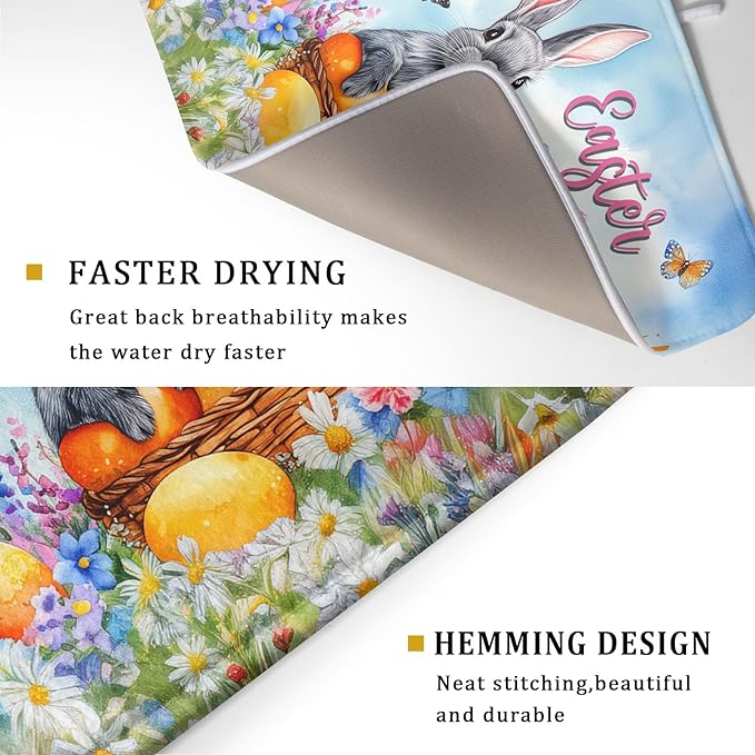 Khope Happy Easter Dish Drying Mat for Kitchen Counter 18x24 Inch Bunny Eggs Butterfly Flowers Reusable Washable Farmhouse Flower Drying Pad Countertop Home Decor