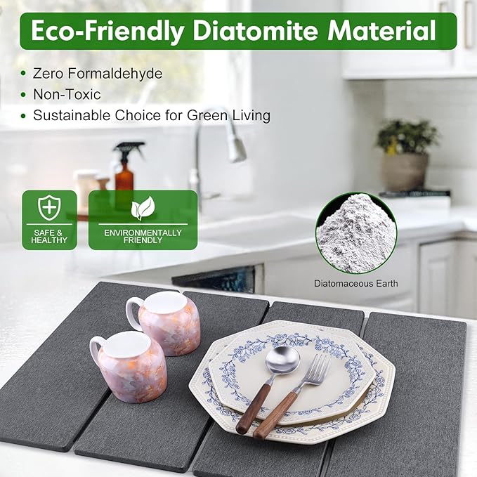Stone Dish Drying Mat for Kitchen Counter, Foldable Diatomaceous Earth Large Dry Mats Grey 24"×16"
