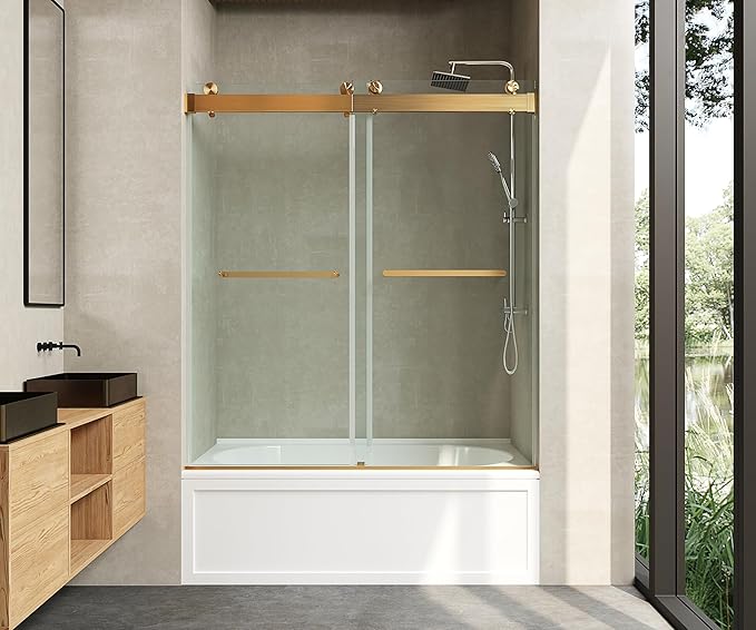 Frameless Soft-Close Bathtub Shower Door, 56"-60 "W, 66 "H, 3/8" (10 mm) Clear Tempered Glass, Double Sliding Doors, Brushed Gold Finish