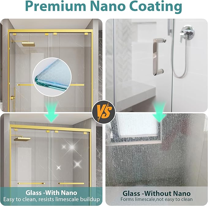 KPUY Glass Shower Door, 61-66" W x 76" H Semi-Frameless Double Sliding Shower Door, 1/4" (6mm) Thick Tempered Clear Glass with Explosion-Proof Film Nano Coating, Brushed Gold