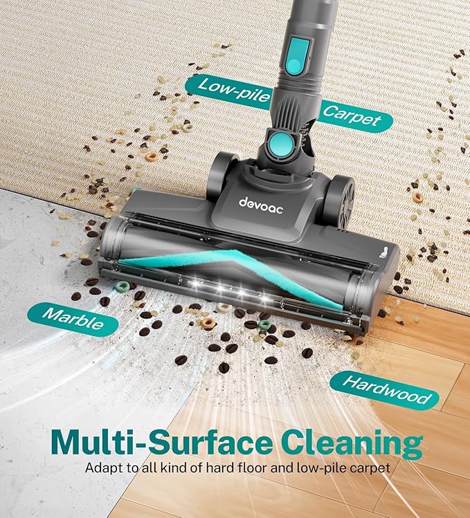 DEVOAC Cordless Vacuum Cleaner, Ultra-Lightweight Stick Vacuum, 2200mAh Battery Up to 40mins Runtime, 6 in 1 Powerful Handheld Vacuum for Home Hard Floor Carpet Pet Hair (Green)
