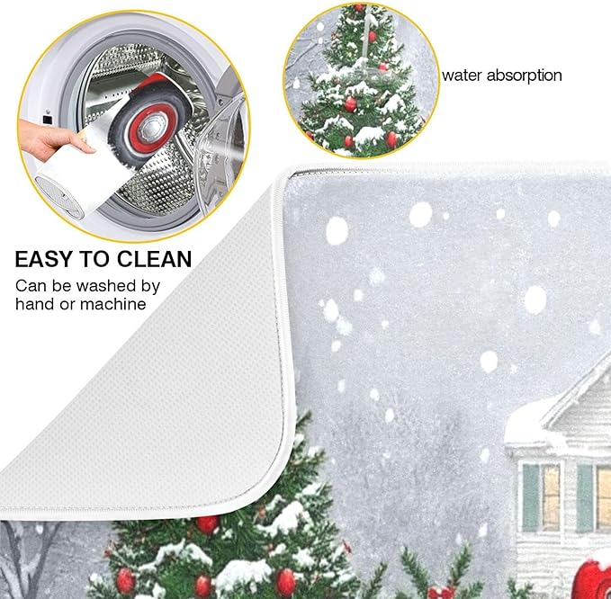 Christmas Tree Truck Dish Drying Mat for Kitchen Countertop 18x24 Winter Snow Poinsettia Golden Retriever Large Drying Mat Reusable Quick Dry Dish Sink Mats Easy Clean Decorative Essentials