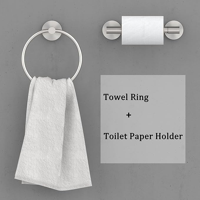 Brushed Toilet Paper Holder & Towel Ring SUS304 Stainless Steel 2pc Bathroom Hardware Set with Double Post Pivoting Toilet Paper Roll Holder Wall Mount & Bathroom Towel Holder Set