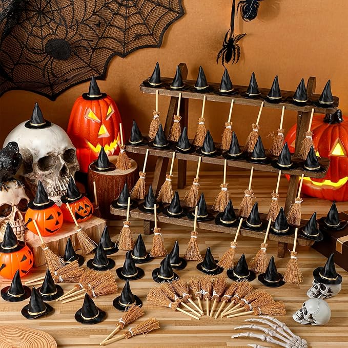 48 Pcs Mini Witch Hats and Broom for Crafts Halloween Wizard Accessories for Party Favors Decor (Black,1.97 Inches)