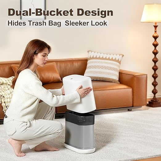 Spreezy Bathroom Trash Can with Lid, 2.3 Gallon/8.6 L Small Trash Can, Pneumatic Adhesion Style Garbage Can for Kitchen, Bedroom, Living Room, Office, Trash Bin Includes 5 Rolls of Trash Bags
