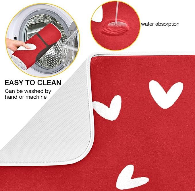 Happy Valentine's Day Dish Drying Mat for Kitchen Red White Love Heart Microfiber Drying Mats Absorbent Reversible Dish Pad Medium Dish Draining Mat 16x18 inch