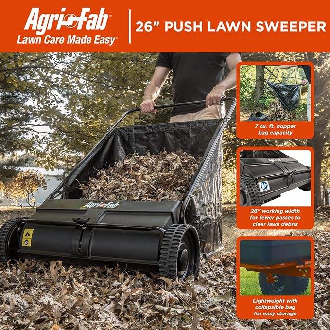 Agri-Fab 45-0218 " 26" Push Behind Lawn Sweeper, 7 cu. ft Hopper Bag Capacity; Leaf & Grass Catcher, with Adjustable Brush Height