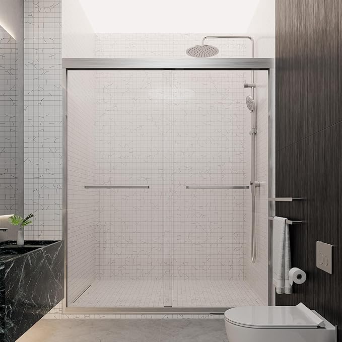 56"-60" W x 70" H Semi-Frameless Double Sliding Bypass Shower Door, 1/4" (6mm) SGCC Tempered Glass Shower Door, Brushed Nickel Finish