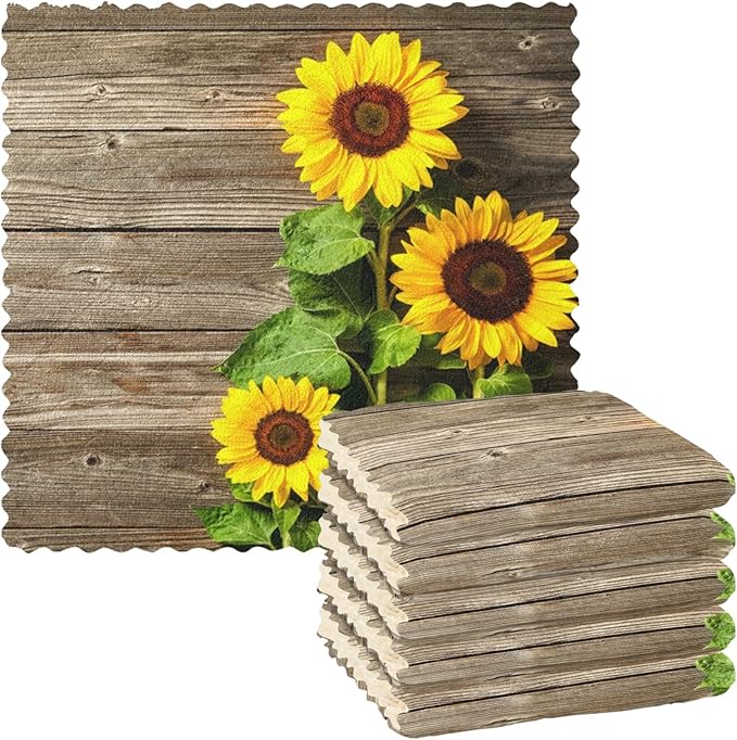 ALAZA Dish Towels Kitchen Cleaning Cloths Autumn Sunflowers On Wooden Board Dish Cloths Super Absorbent Kitchen Towels Lint Free Bar Tea Soft Towel Kitchen Accessories Set of 6,11"x11"