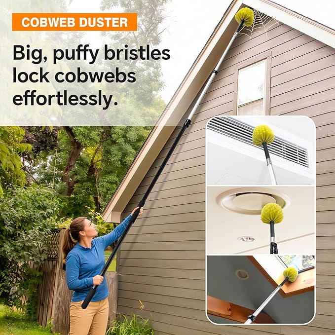 4-12Ft Telescoping Extension Pole Kit, 4-in-1 High Reach Duster with Chenille Microfiber Feather & Cobweb Duster Attachments for Ceiling Wall Hard-to-Reach Indoor & Outdoor Cleaning Yellow