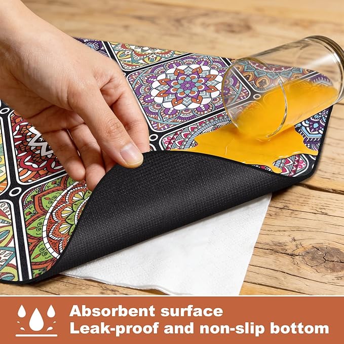 Yamaziot Boho Coffee Mat 12"x20", Floral Dish Drying Mat for Kitchen Counter, Non Slip Coffee Bar Accessories Espresso Machine Dish Rack