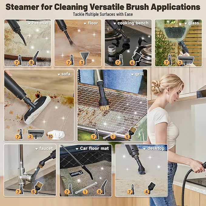 Gautye Steam Cleaner, 3-Level Adjustable Handle, 15s Heat-Up, 1.69 Quarts Tank, Portable Steamer for Cleaning with 11 pcs Accessories, Steam Cleaner for Home for Dirt, Grease, Grout