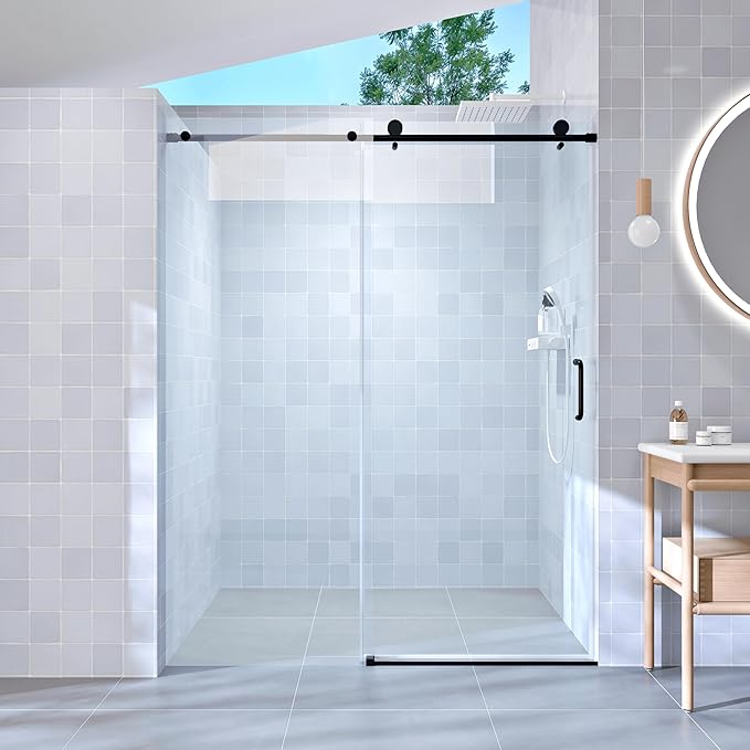 Abruzzo 76" Tall Frameless Single Sliding Shower Door - Adjustable 56" to 60" Width, 1/4" (6mm) Tempered Glass with Safety Film, Matte Black Finish for Walk-in Showers, Space Saving Design