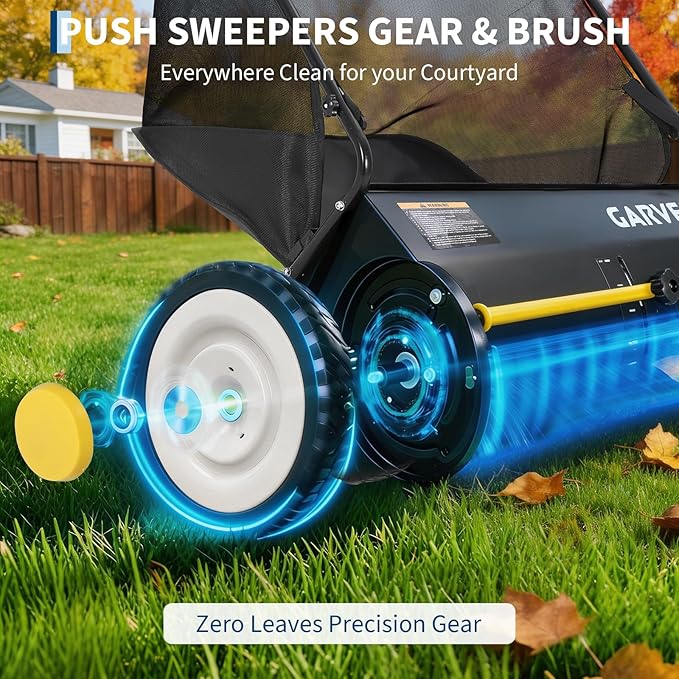 Garvee 26 Inch Push Lawn Sweeper, Leaf and Grass Collector with 7 Cu.ft Mesh Bag, 4 Spinning PP Brushes, Durable Steel Construction, Adjustable Height & Rubber Tires for Yard Cleanup