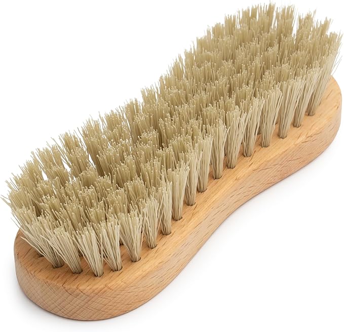 KONEX Medium-Stiffness Nylon Fiber Scrub Brush - Heavy Duty Cleaning Brush, Wooden Handle, Brown, Ideal for Hardwood Floor, Outdoor Surfaces, Carpet