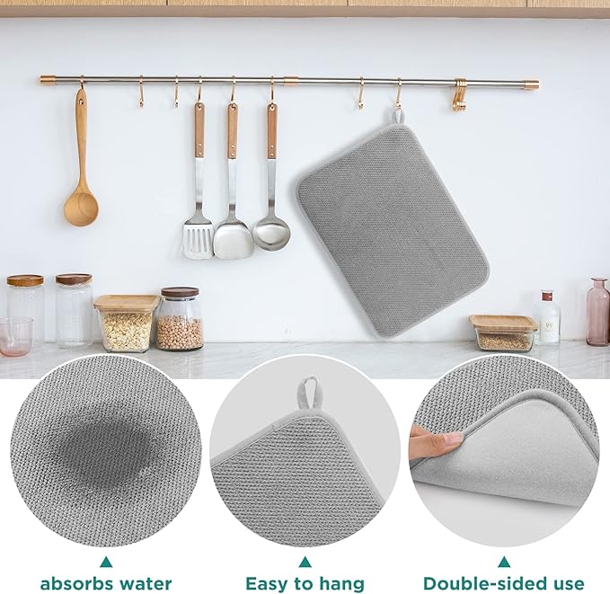 Microfiber Dish Drying Mat, Super Absorbent Kitchen Dish Drying Pad for Easter Day, Reversible Gift Mats for Countertop, 12 * 16 inch Gray