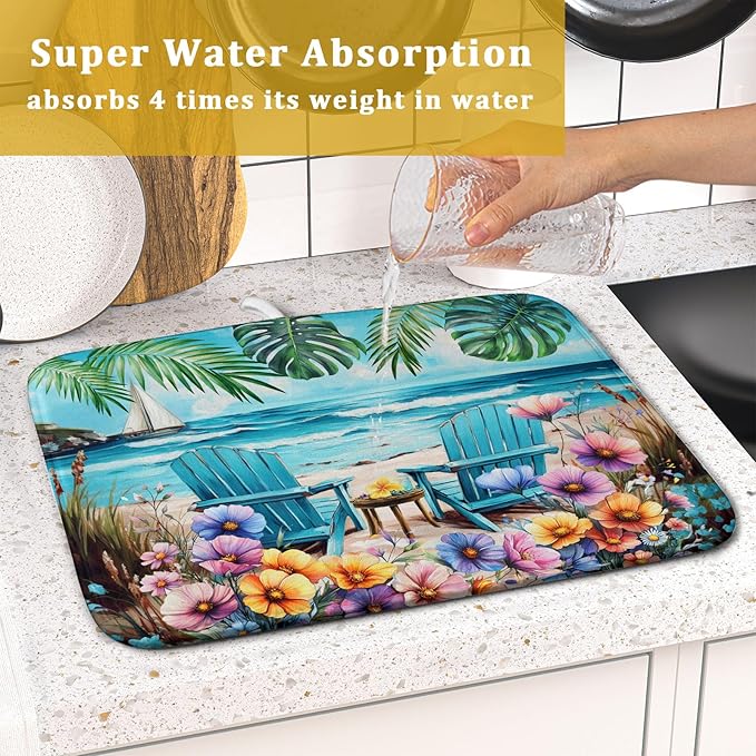 Spring Summer Sea Chair Dish Drying Mat for Kitchen Counter,Coastal Beach Palm Leaf Flowers Drying Mat 16 x 18 Inch with Absorbent Reversible Microfiber Drying Pad for Coffee Bar