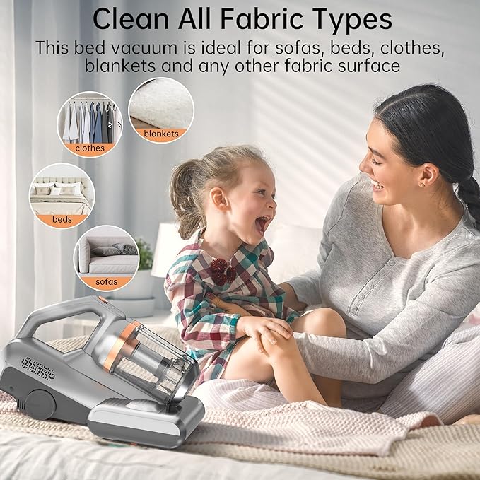 Mattress Vacuum,20Kpa Bed Vacuum Cleaner with 273nm UV-C Light & Ultrasonic & High Heating, Dual Brush Roll Rotation & Dust Cup, 500W Deep Cleaning 99.9% Filtration with 32000 RPM/Min