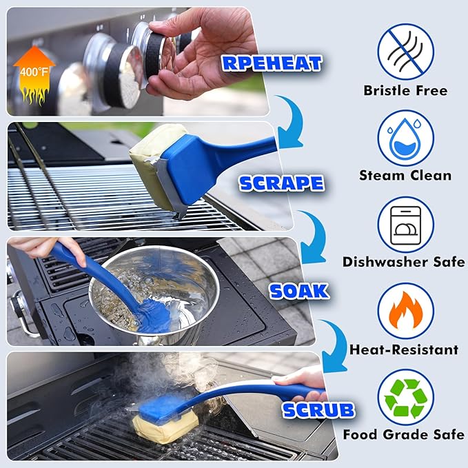 Grill Brush Bristle Free, BBQ Grill Brush for Outdoor Grill, Steam Grill Cleaner with Scraper for Cast Iron/Stainless-Steel Grates, Replaceable Cleaning Head & Extended Handle, Grilling Gifts for Men