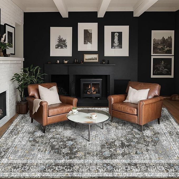 Area Rugs 5x7, Washable Black Rugs for Living Room, Bedroom, Non Slip, Neutral Floral Vintage Indoor Rug for Farmhouse Nursery, Dining Room, Kid Room, Office, Dorm