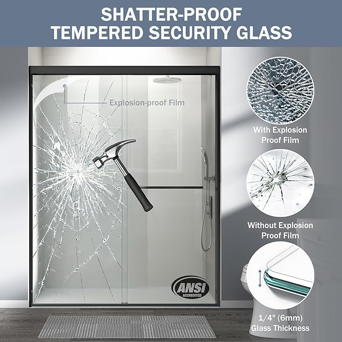 Abruzzo Double Sliding Shower Door - 56-60" Adjustable Width, 72" Height, Semi-Frameless Tempered Glass Enclosure for Walk-in Showers, Matte Black