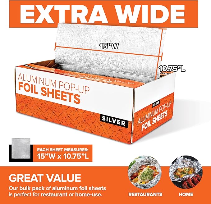 Pre-Cut Deli Aluminum Foil Sheets (500 Count) – 15” Extra-Wide Heavy-Duty Pop-Up Sheets for Restaurant Use, Disposable Tin Foil for Burritos, Hot Dogs & Sandwiches