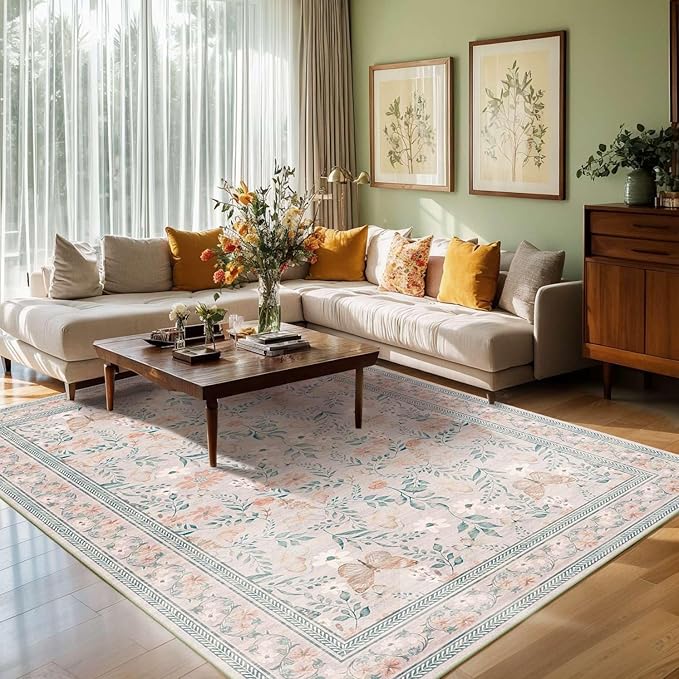 Pink Floral 5x7 Washable Area Rug, Vintage Boho Non Slip, Low Pile Rugs for Bedroom,Girls Nursery Kids Room,Dining Room,Livingroom(Coral 5x7ft)