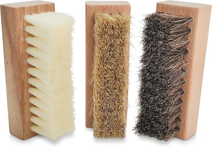 Small Shoe Cleaning Brush Set of 3 Brushes with Nylon, Boar and Horsehair Bristles, Wooden Sneaker Cleaner Brushes for Leather, Suede, Canvas, Textile, Bags and Accessories (3)