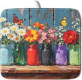 Spring Summer Floral Dish Drying Mat for Kitchen Counter 16x18 Woodgrain Colorful Flower Butterfly Seasonal Absorbent Reversible Microfiber Drying Mats Kitchen Countertop Protector Dishes Drainer Pad