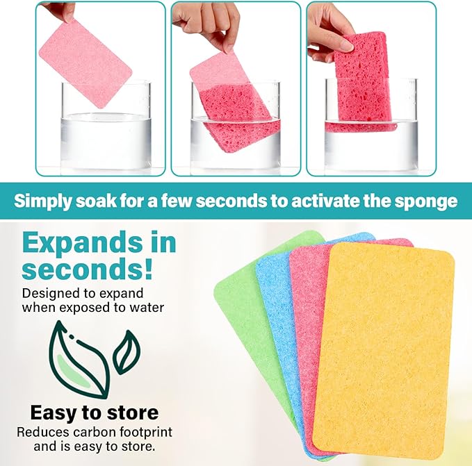 100 Pcs Kitchen Sponges Bulk, Natural Compressed Cellulose Sponges for Dishes, Non-Scratch Reusable Cleaning Sponge Soft Washing Scrubbers for Kitchen Bathroom (Multicolor)