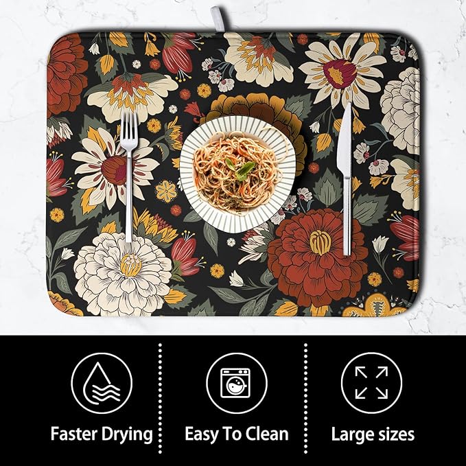 Vintage Floral Dish Drying Mat for Kitchen Counter Retro Sunflower Floral Absorbent Microfiber Dry Dish Mat Reversible Washable Dish Drainer Rack Mat Large 18x24 Inch