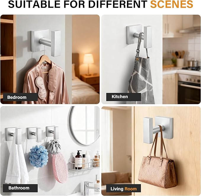 Towel Hooks for Bathrooms, Brushed Nickel Towel Hook for Kitchen Bathroom, SUS304 Stainless Steel Coat Hook, Square Heavy Duty Holder Robe Hooks for Hanging Towels, Coats, sponges, Wall Mount, 4 Pack
