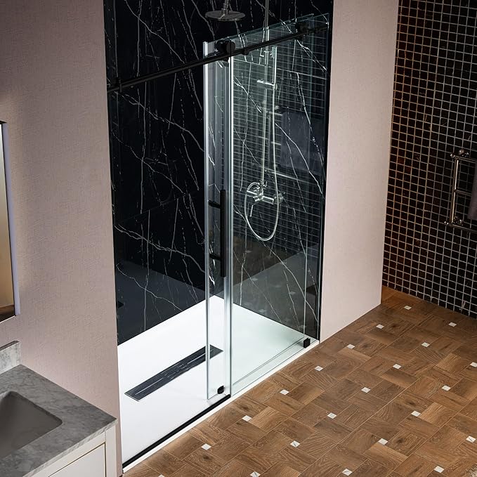 Woodbridge Frameless Single Sliding Shower Doors in Matte Black Finish, 45.5-48" Width x 76" Height with 3/8"(10mm) Clear Tempered Glass, Soft Close System and Explosion-Proof Film, BSDC4876-MB