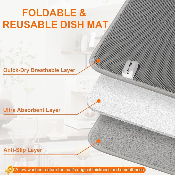 Dish Drying Mat 24 x 17 in, Large Microfiber Drying Mats, Absorbent Quick Dry Pad for Kitchen Counter, Countertop Protector for Dishes, Pots & Pans, Machine Washable, Gray (2 PCS)