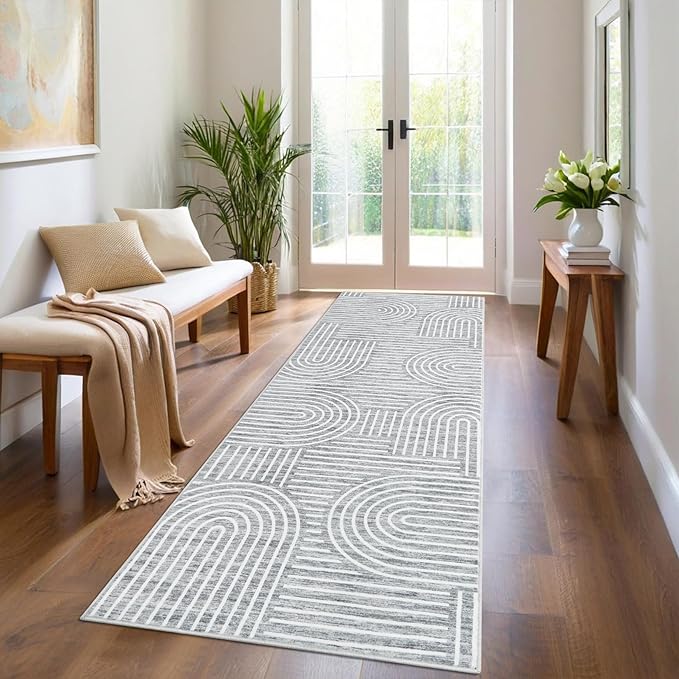 Modern Rug 2.5x10 Runners for Hallways, Abstract Kitchen Runner Rugs Non Slip Bath Mat, Rainbow Washable Runner Rug for Bedroom, Soft Long Rugs for Entryway Bathroom Laundry Dorm, Ash