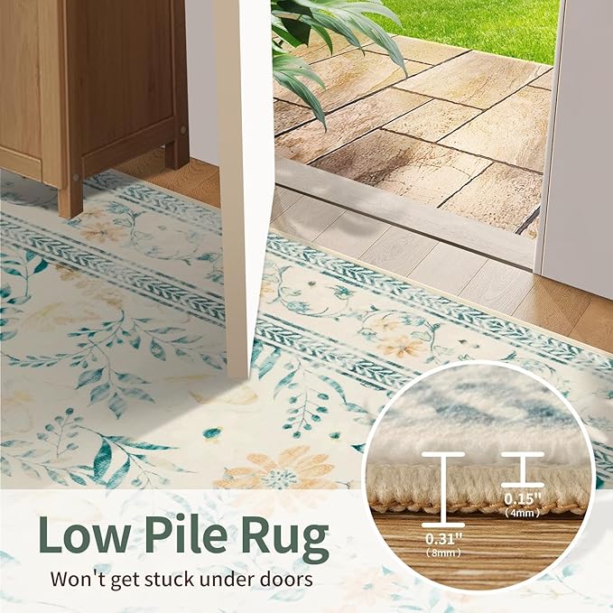 Floral Rug for Living Room Bedroom, 5x7 Washable Rug, Beige Vintage Boho Area Rug, Large Non Slip Low Pile Wool Carpet for Indoor Dining Room,Girls Room,Nursery Room and Kids Room(Beige 5x7ft)