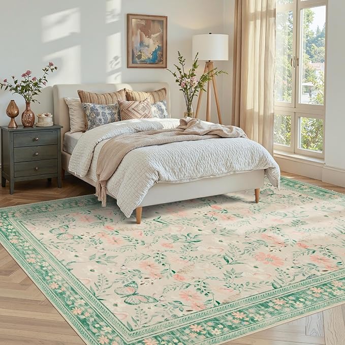 Green Floral Rug for Living Room Bedroom, 5x7 Washable Rug,Vintage Boho Area Rug, Large Non Slip Low Pile Wool Carpet for Indoor Dining Room,Girls Kids Room and Nursery Room(Sage Green 5x7ft)
