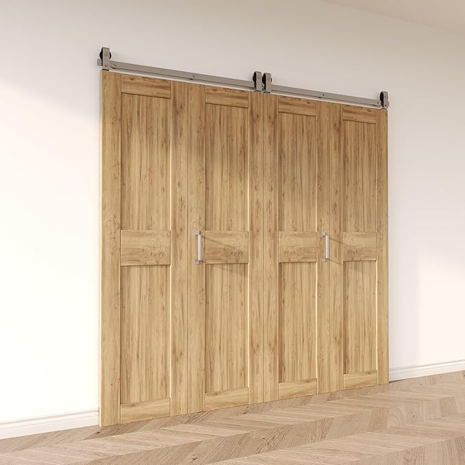 Homacer 84in Brushed Nickel Top Mount Bi-Folding Sliding Barn Door Hardware Kit for 4 Doors,Heavy Duty, Quietly,Easy to Install (Door Not Included)