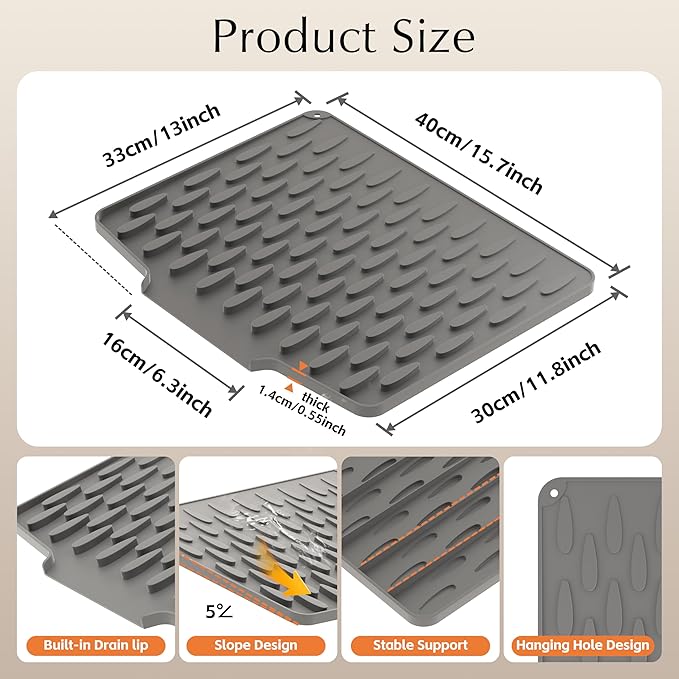 Silicone Dish Drying Mat for Kitchen Counter or Sink with Built-in Drain Lip, Non-Slip Quick Drying Mat, Easy to Clean, Heat Resistant Drying Matt, 15.7" x 13", Grey