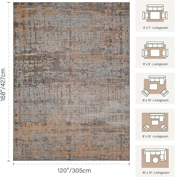 10x14 Extra Large Washable Area Rug, Soft Abstract Vintage Rug for Living Room, Bedroom, Office, Farmhouse, Low Pile Imitation Wool Non Slip Carpet Ideal for High-Traffic Areas, Taupe
