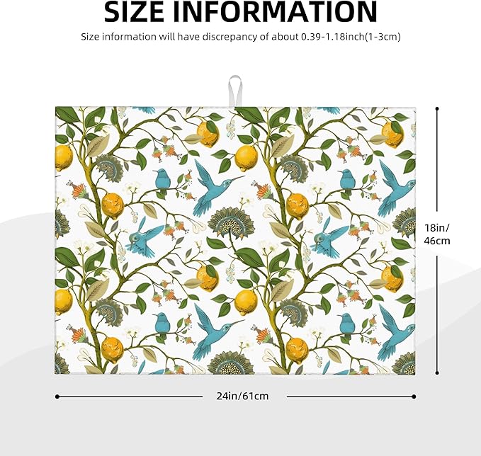 Summer Dish Drying Mat 18x24 Inch for Kitchen Counter, Blue Bird Flower Drying Mats Super Absorbent Fresh Yellow Lemon Dishes Pad for Kitchen Dining Room Seasonal Holiday Outdoor Indoor Decor