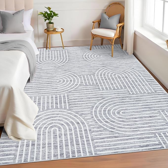 Washable Rug 5x7 Area Rugs for Living Room, Abstract Rug for Bedroom, Soft Rainbow Non Slip Throw Rugs with Rubber Back, Low Pile Stain Resistant Boho Geometric Carpet for Dining Room, Ash