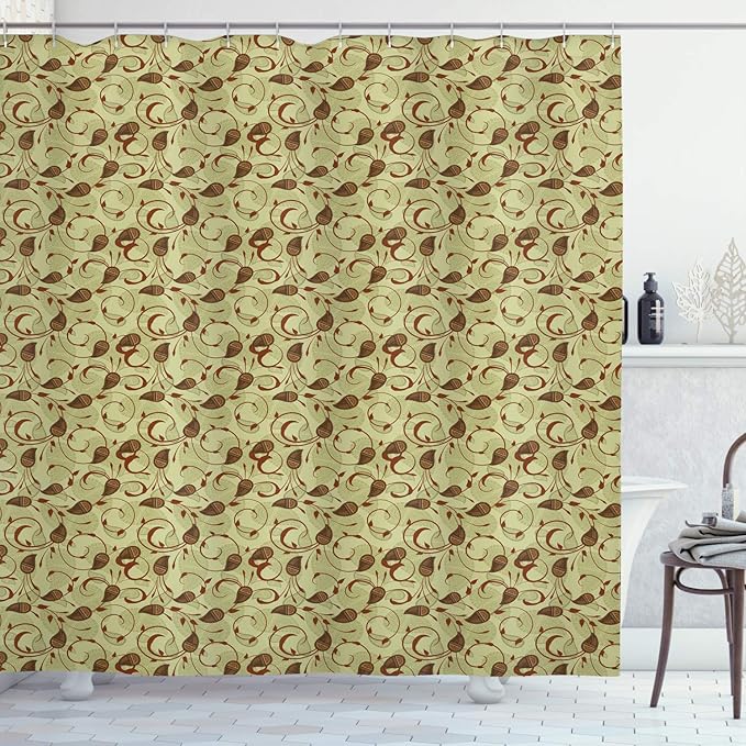 Ambesonne Paisley Shower Curtain, Modern Design of Classic Eastern Leafy Motif and Swirly Branches Art Oriental, Cloth Fabric Bathroom Decor Set with Hooks, 69" W x 75" L, Pale Green Brown