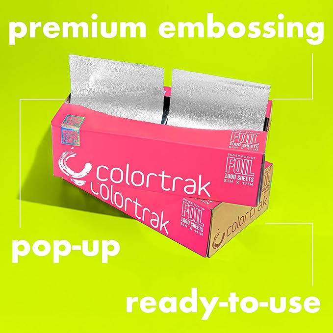 Colortrak Embossed Sheets Silver Aluminum Foil Pop-up Dispenser, 1000 Pre-cut Sheets Non-slip Textured for Hair Foil Coloring and Highlighting Applications, Silver, 5 x 11