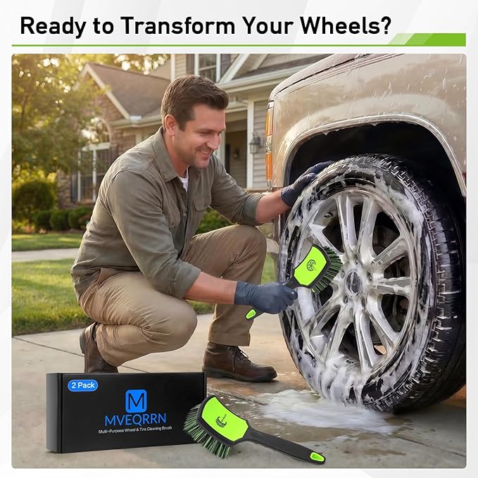 Non-Scratch 2-Pack Car Wheel Tire Cleaning Brush Kit:Soft &Stiff Bristle Detailing Brush with Ergonomic Rubber Short Handle for Deep Cleaning Car Tire Rims, Fenders or Carpet(Black Green)