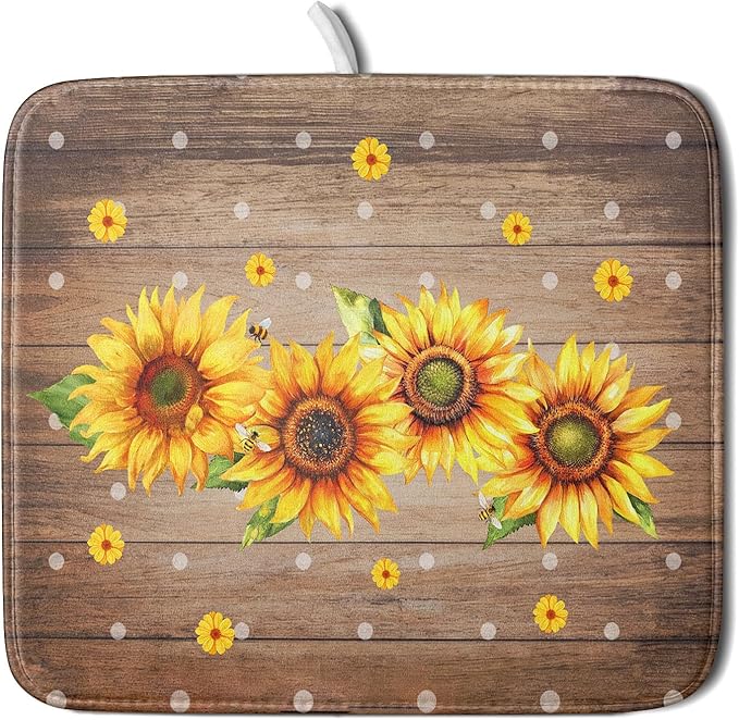 Summer Sunflower Bee Dish Drying Mat for Kitchen Counter,Rustic Yellow Flowers White Polka Dots Drying Mat 16 x 18 Inch with Absorbent Reversible Microfiber Drying Pad for Coffee Bar