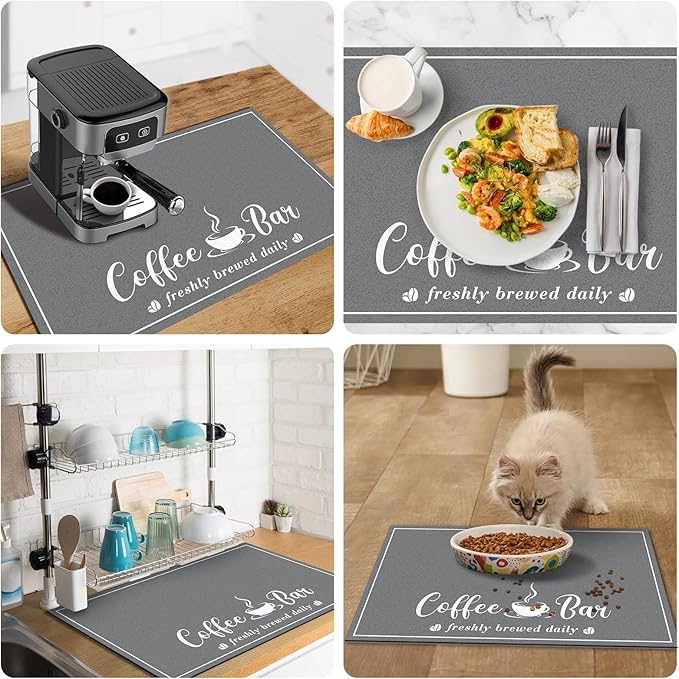 Absorbent Coffee Mat, Fashion Dish Drying Mat for Kitchen Counter Coffee Bar Accessories Espresso Machine Dish Rack 12" x 20" Dark Grey
