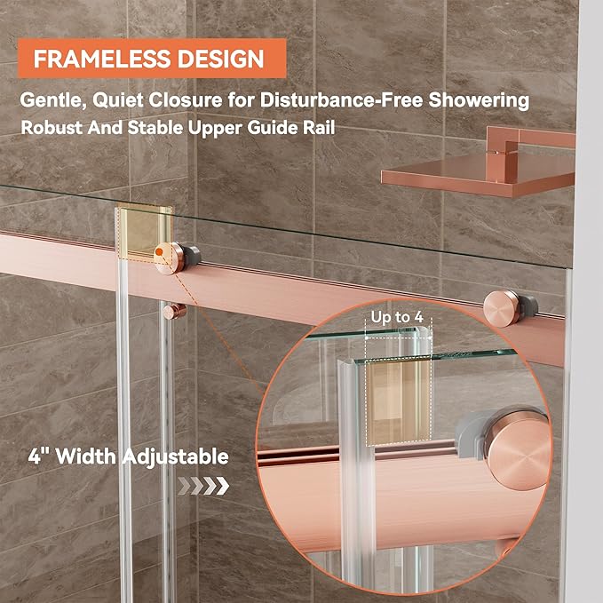 56"-59" W x 75" H Frameless Shower Door, Double Sliding Shower Door,5/16"(8mm) Clear Tempered Glass,Silent Soft-Close Design,Brushed Rose Gold
